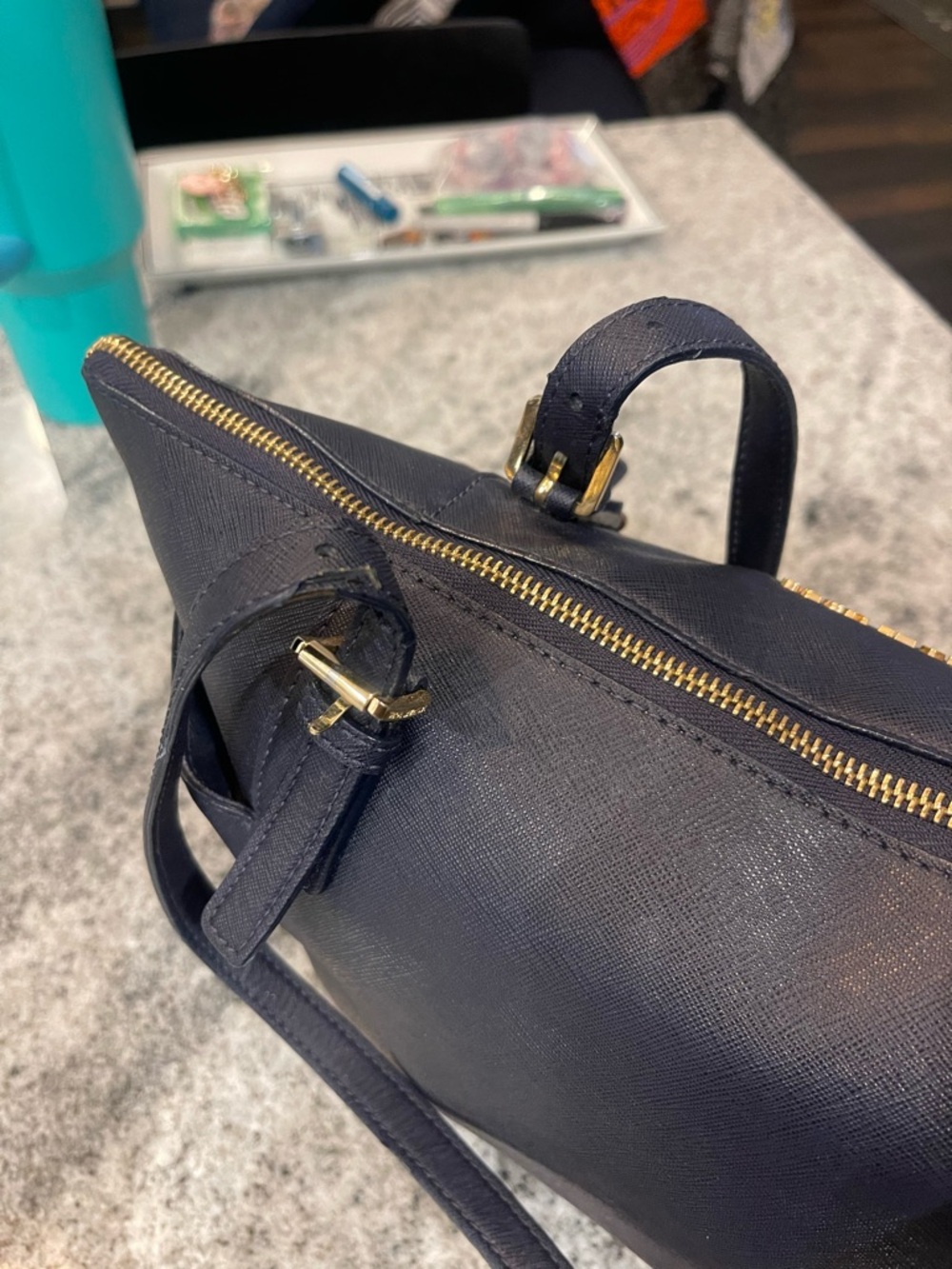 Michael Kors Navy Saffiano Tote with Gold Hardware - Picture 3 of 10